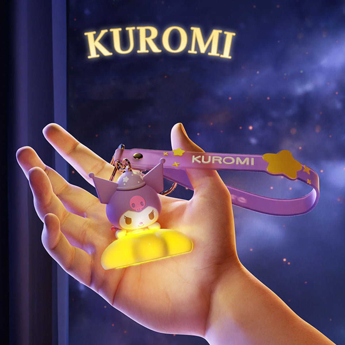 Kuromi Sanrio Family Star Night Light Series Pendant Keychain featuring a glowing yellow base and purple strap, held in hand against a cosmic backdrop.