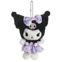 Sanrio Flower Fairy Series Kuromi plush keychain 10cm in black and purple with a floral dress and bow. Cute and soft accessory for bags or keys.