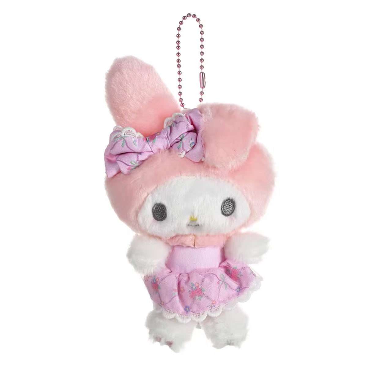 Sanrio Flower Fairy Series My Melody plush keychain 10cm with pink floral dress and bow. Soft and adorable collectible for bags or keys.