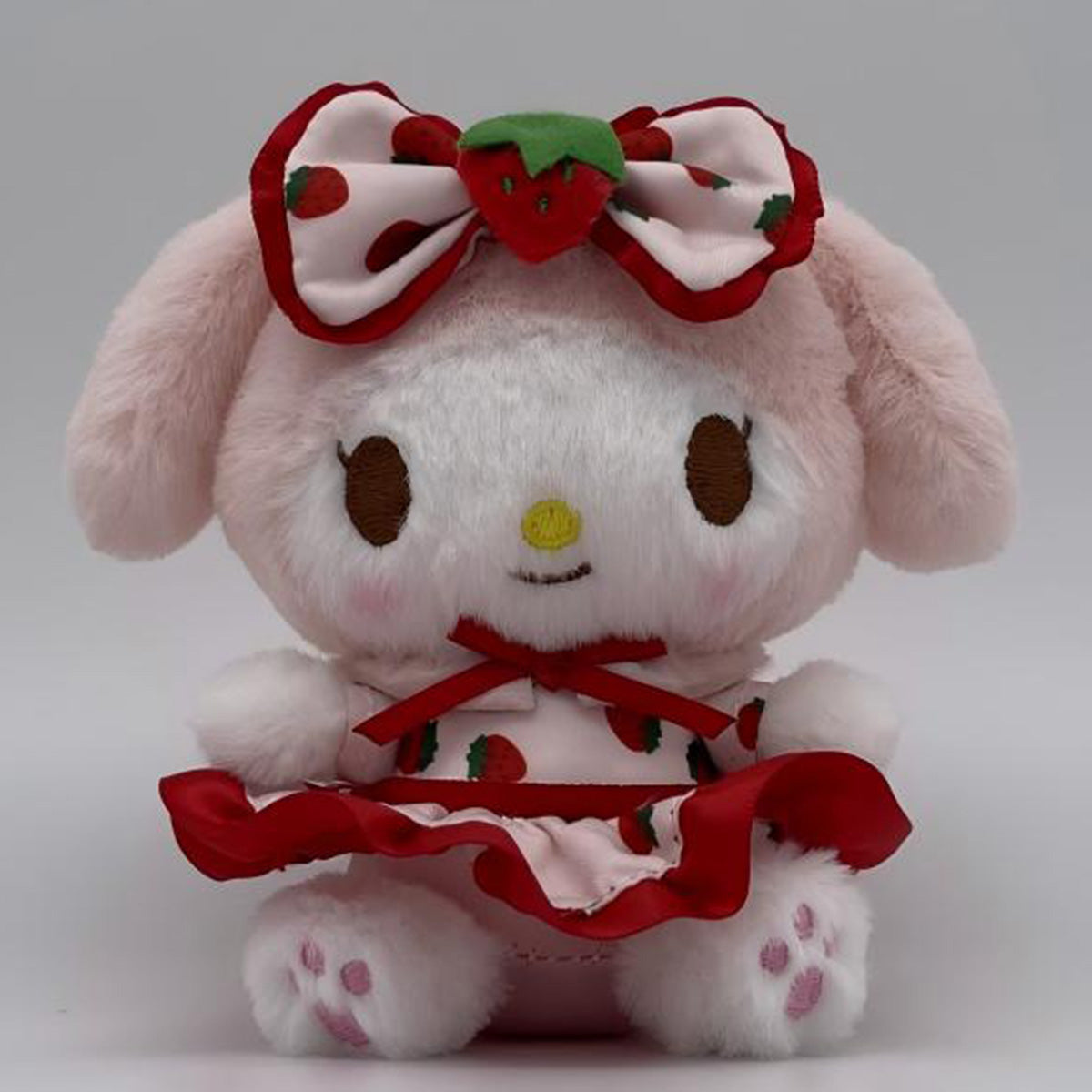 Sanrio Fresh Strawberry Series Plush Keychain 12cm featuring a pink bunny character with a strawberry bow and dress, sitting against a neutral background.