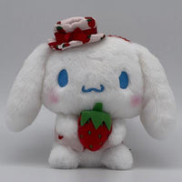 Sanrio Fresh Strawberry Series Plush Keychain 12cm showcasing a white bunny character with blue eyes, holding a plush strawberry and wearing a strawberry-patterned hat.