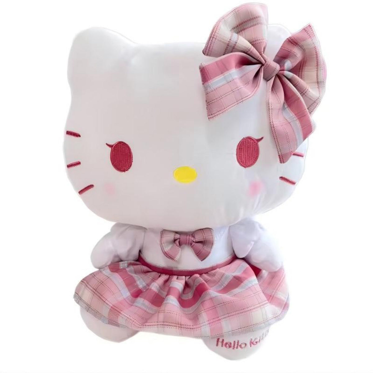 Sanrio JK Series Hello Kitty plush toy 28cm with a pink plaid schoolgirl outfit and matching bow. Soft and huggable, perfect for collectors and fans.