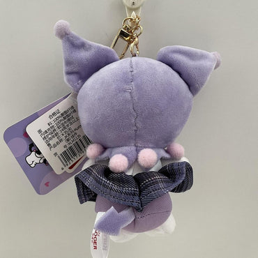 Back view of the Sanrio JK Series Kuromi Plush Keychain 10cm, showcasing its plush texture, plaid skirt, and adorable pom-pom accents.