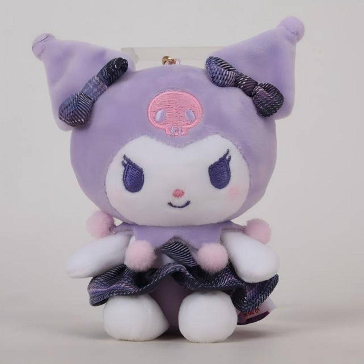Sanrio JK Series Kuromi Plush Keychain 10cm in a cute purple outfit with a plaid skirt, perfect for Sanrio fans and collectors.