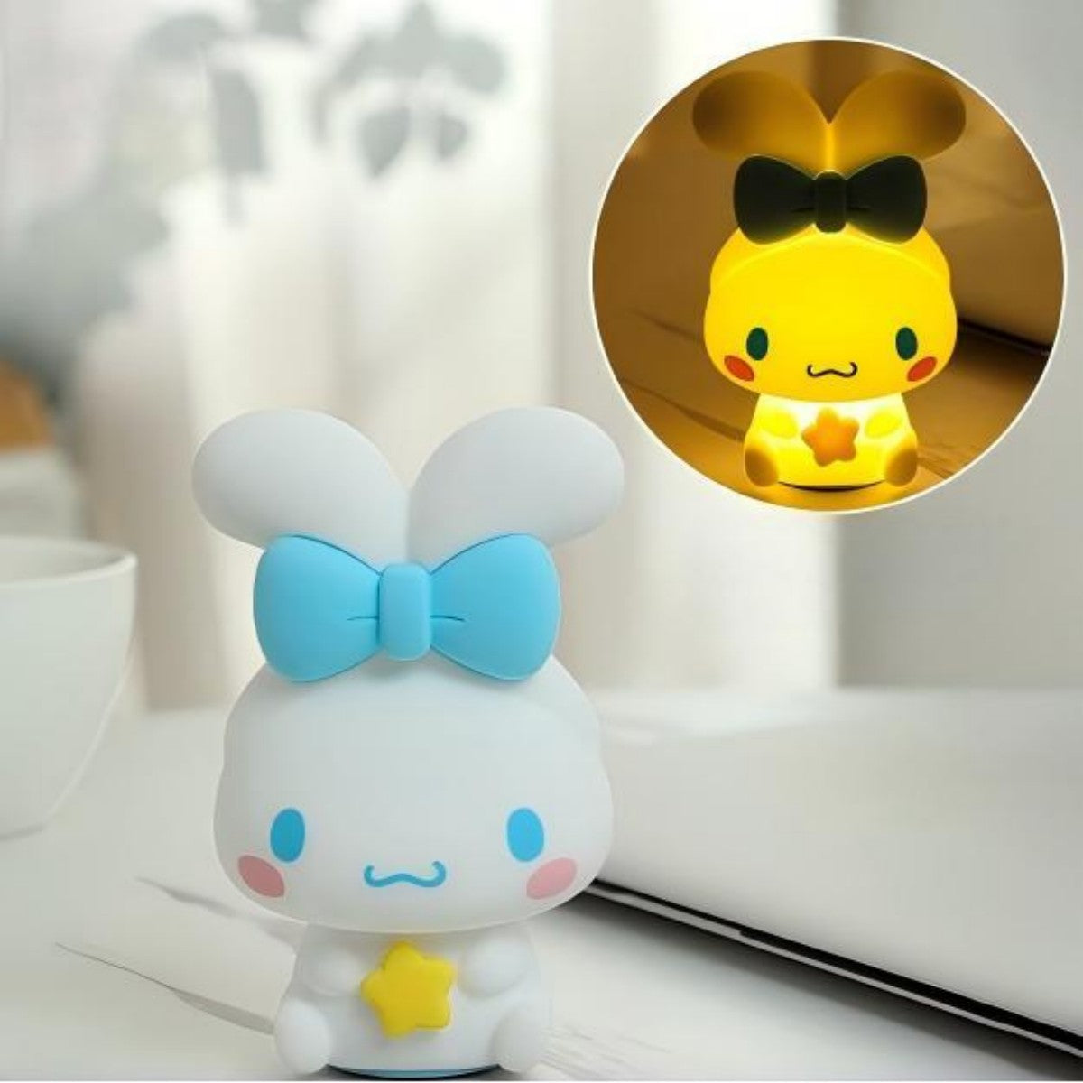 Sanrio Cute Anime Night Light featuring Cinnamoroll with a blue bow and a glowing yellow star. Perfect for cozy ambient lighting.