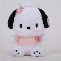 Sanrio Sakura Series Plush Keychain 10cm featuring a white and black puppy with pink cherry blossom details. A soft and adorable plush keychain.