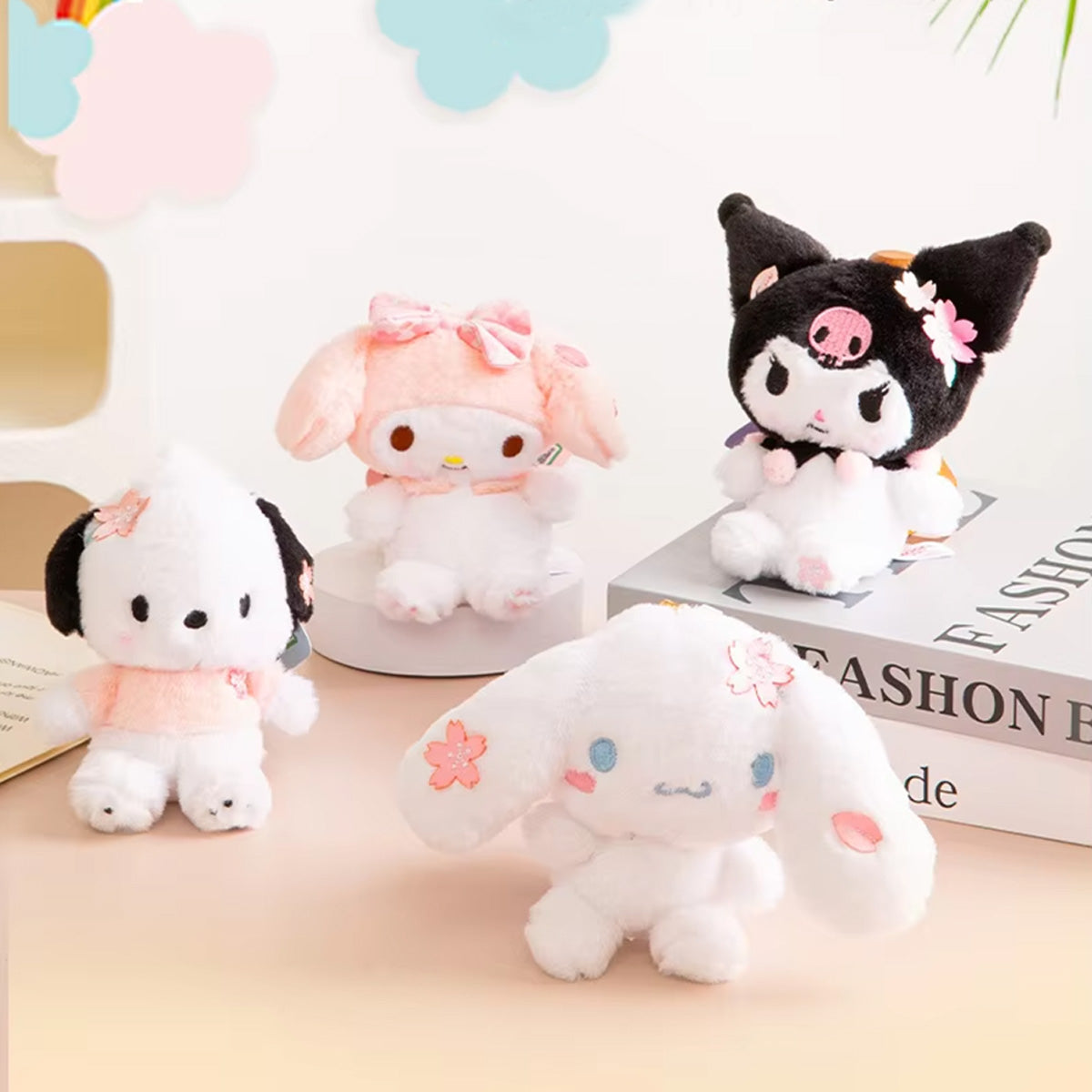 Sanrio Sakura Series Plush Keychain 10cm set featuring My Melody, Kuromi, Cinnamoroll, and Pochacco with cherry blossom accents. A cute and collectible plush set.