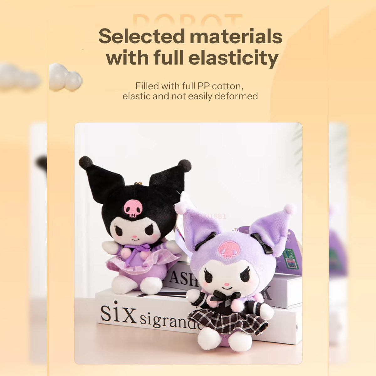 Sanrio Sakura Series Plush Keychain 10cm highlighting Kuromi plush keychains in black and purple outfits. Soft, elastic, and perfect for Sanrio fans.