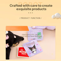 Sanrio Sakura Series Plush Keychain 10cm with a close-up of Kuromi plush keychain and product tags. Crafted with soft PP cotton for durability and comfort.