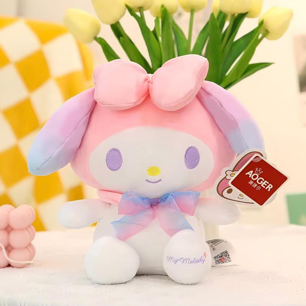 Sanrio Starry Sky Series My Melody Plush Toy 28cm with pastel pink and purple hues, a soft bow, and embroidered details—perfect for collectors.