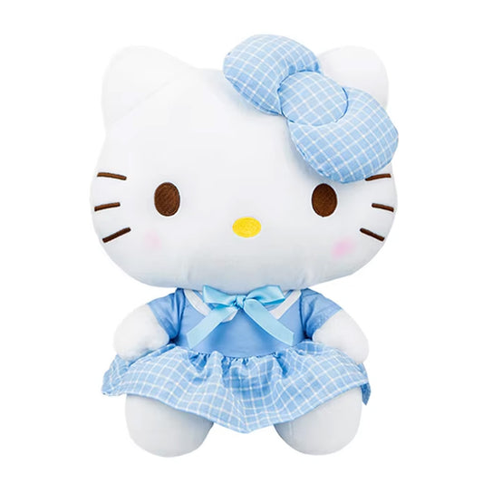 Sanrio Uniform Series Hello Kitty Plush Toy 30cm in a blue checkered dress with matching bow. Soft and huggable, perfect for collectors and fans.