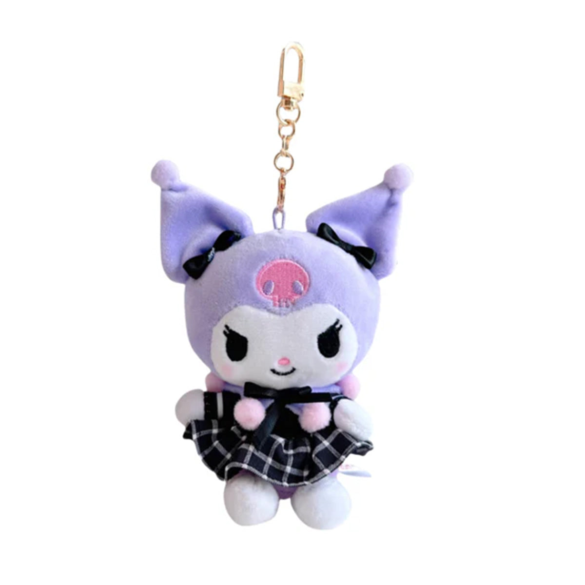 Sanrio Uniform Series Kuromi Plush Keychain 10cm in a lilac and black outfit with a gold clasp. A cute and soft collectible accessory.