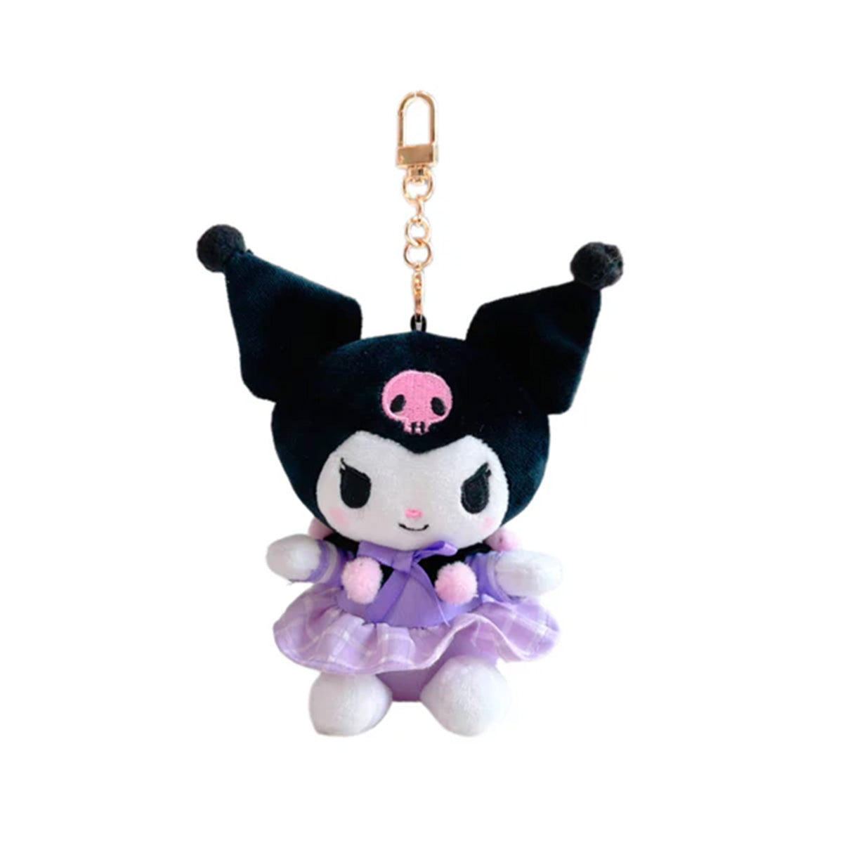 Sanrio Uniform Series Kuromi Plush Keychain 10cm featuring a black and purple outfit with a gold clasp. Perfect for bags, keys, or as a collectible.