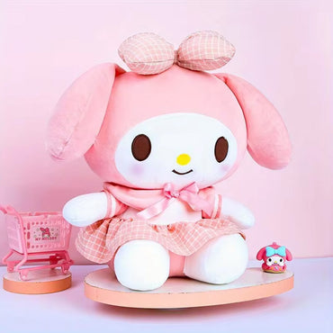 Adorable My Melody plush toy from the Sanrio Uniform Series, dressed in a pink checkered outfit. A must-have cuddly companion for Sanrio lovers.