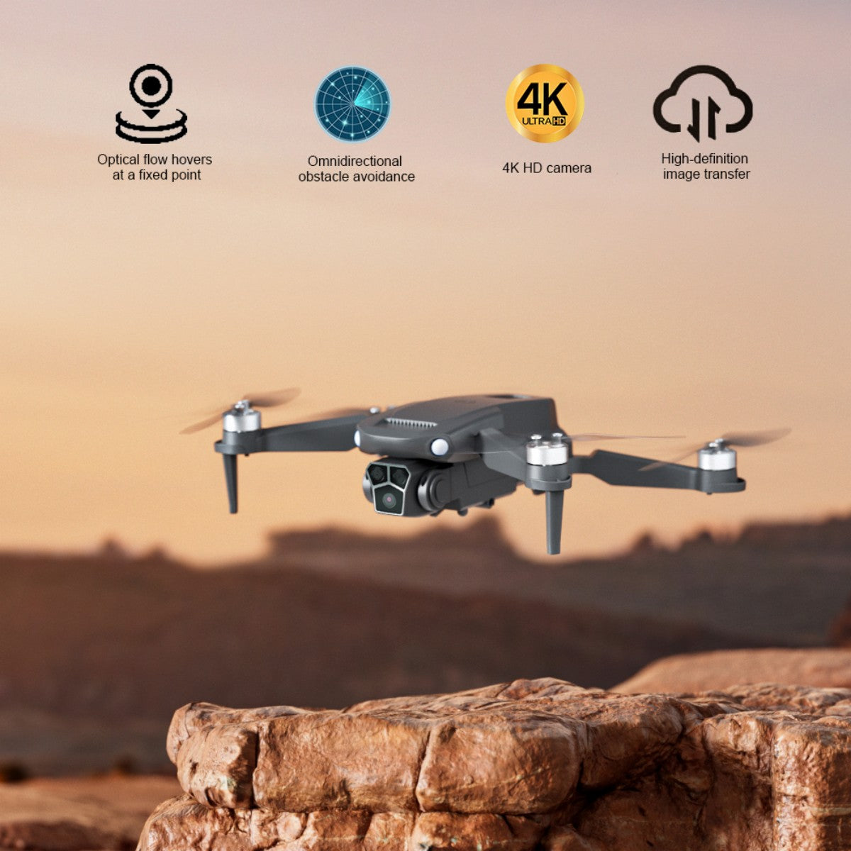 WBRC U2 Pros Drone hovering over rocky terrain with 4K HD camera, obstacle avoidance, and high-definition image transfer features.