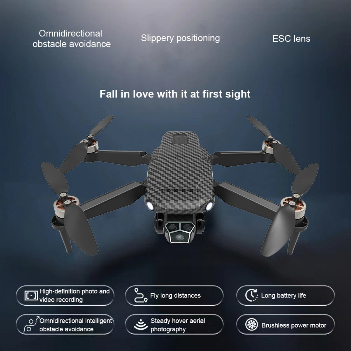 WBRC U2 Pros Drone with carbon fiber design showcasing long battery life, brushless motor, and intelligent aerial photography capabilities.