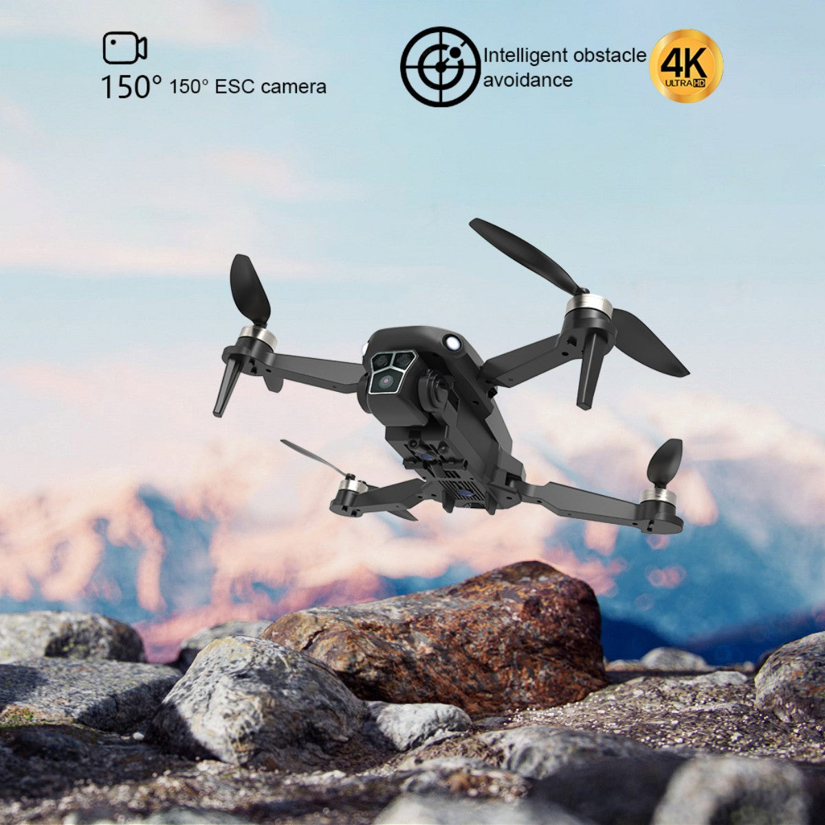 WBRC U2 Pros Drone flying over mountains with 150° ESC camera and 4K Ultra HD video, ideal for outdoor games and aerial photography.