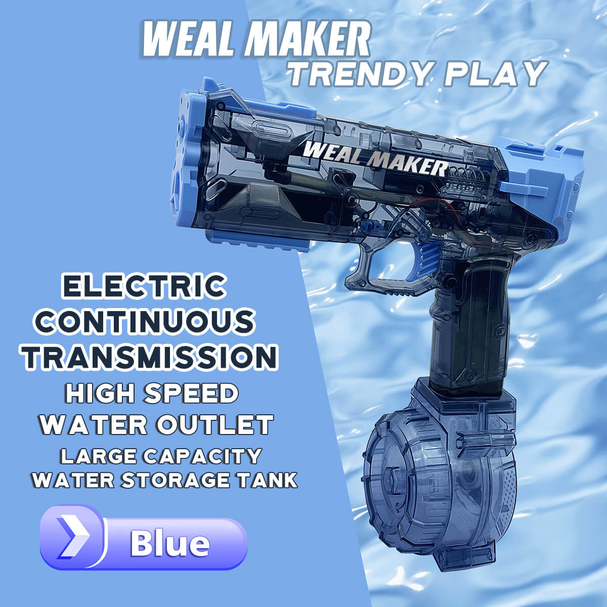 W555 Strongest Electric Water Gun in blue featuring high-speed water discharge and durable ABS construction for summer fun.