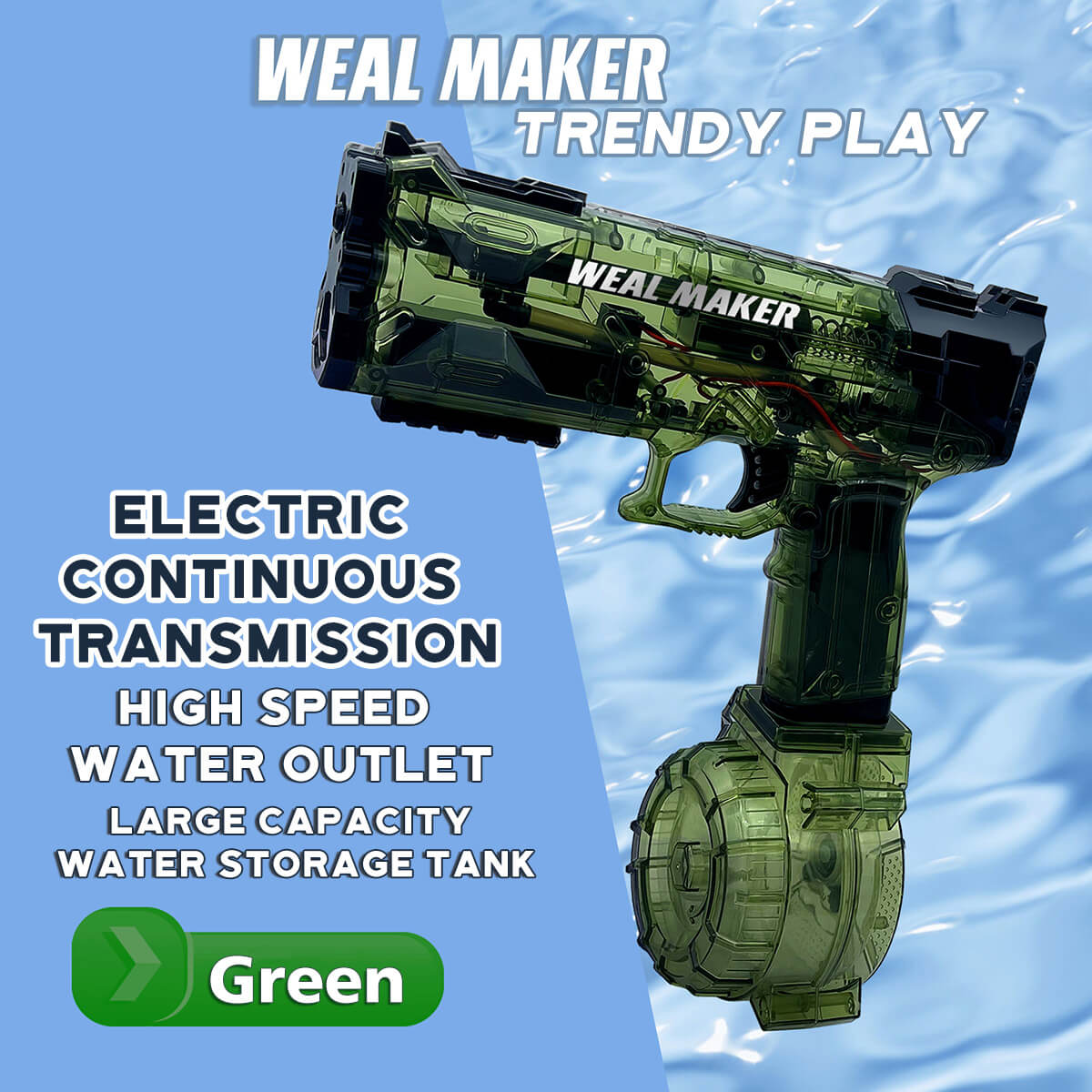 W555 Strongest Electric Water Gun in green with a rechargeable battery and large water storage tank for extended play.