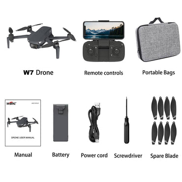 Complete WBRC W7 GPS Drone package including remote control, battery, power cord, screwdriver, spare blades, and carrying case.