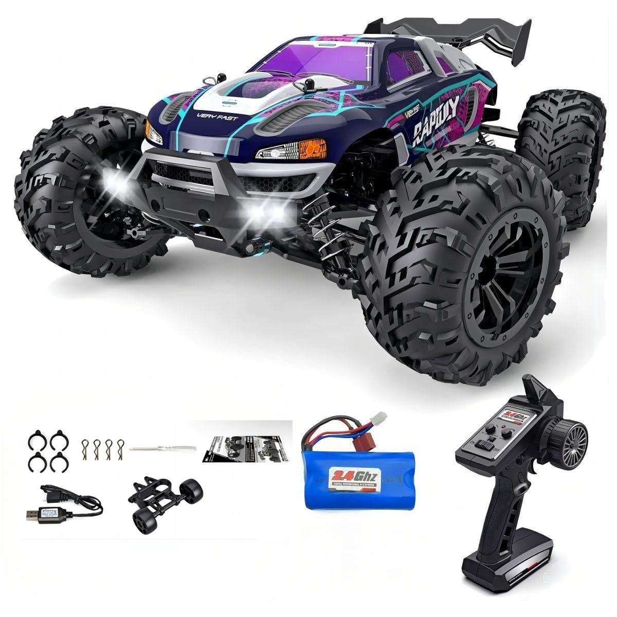 WBRC-I01 4 Wheel Drive High Speed Remote Control Car with rugged tires, LED headlights, and a 2.4GHz remote control for precision handling.