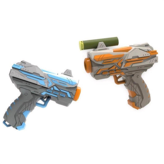 FJ9001 Soft Foam Dart Blaster Toy Gun set with two futuristic handguns in blue and orange, featuring a compact design and six foam darts for action-packed play.