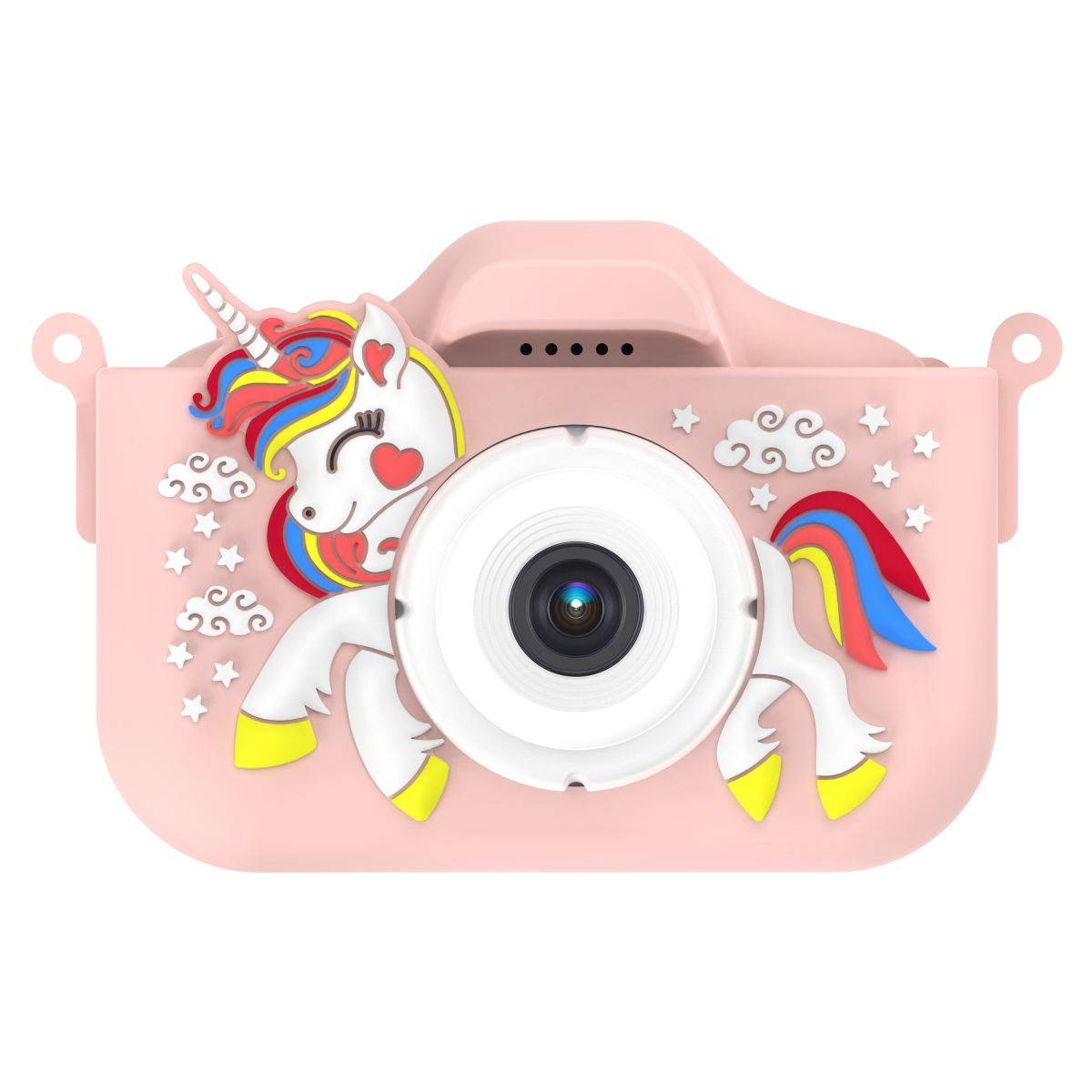 X10S Unicorn Kids Camera in pink with a cute unicorn design, dual lens, and 1080P resolution. Perfect for children's photography and creativity.