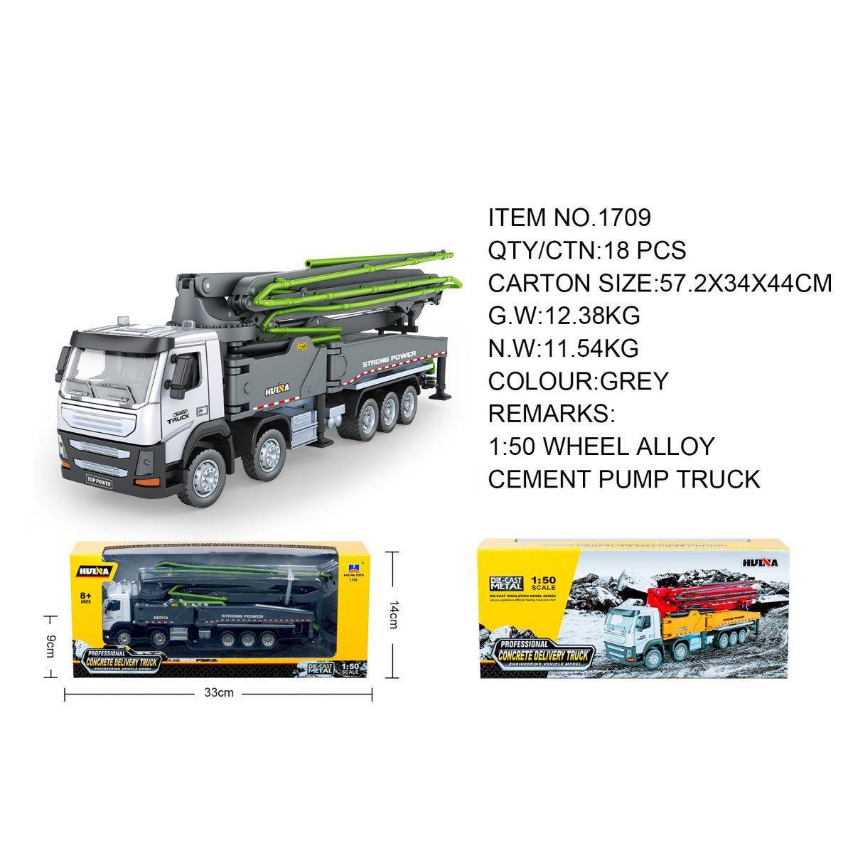 Huina 1709 1:50 Alloy Diecast Concrete Pump Truck - Hugmie