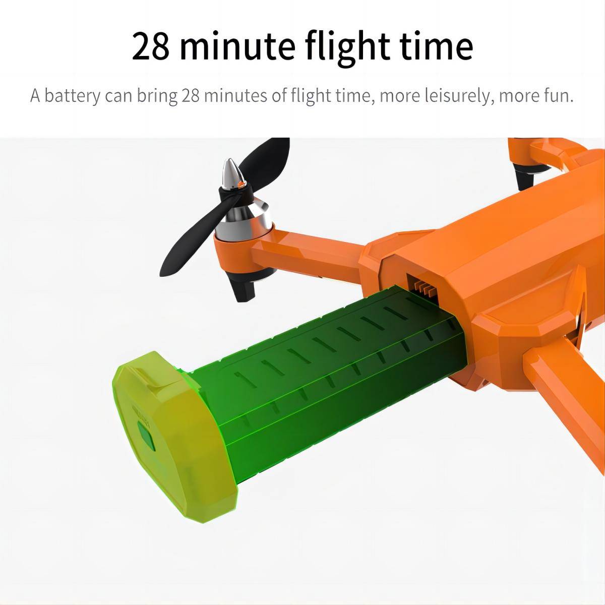 PIHOT P70 Drone Battery inserted into an orange drone, offering up to 28 minutes of flight time. High-capacity replacement battery for extended aerial fun.